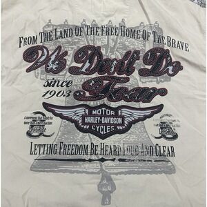 Harley Davidson Shirt Mens L "We Don't Do Fear" Beige Tan Button Up Liberty Bell